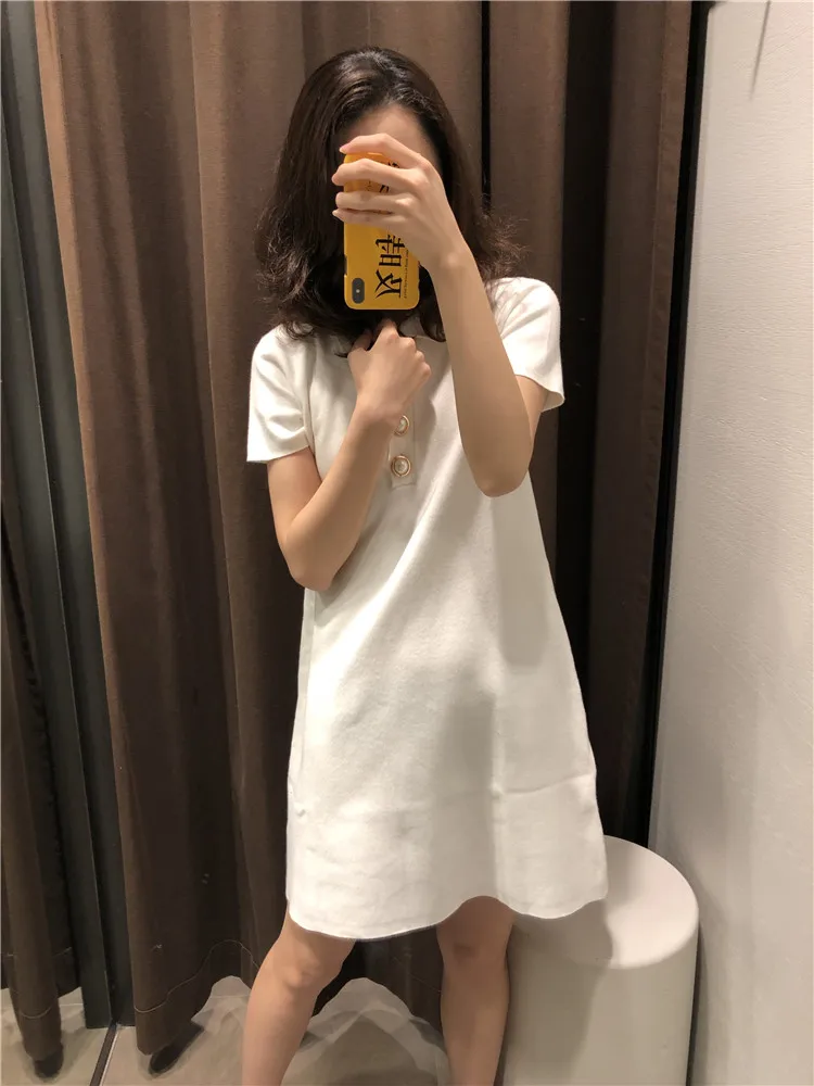 

2019 Summer New Women's Brief Solid Knitting Dress Pearl Button Turn-down Short Sleeve Loose Thin Casual Sweater Dresses