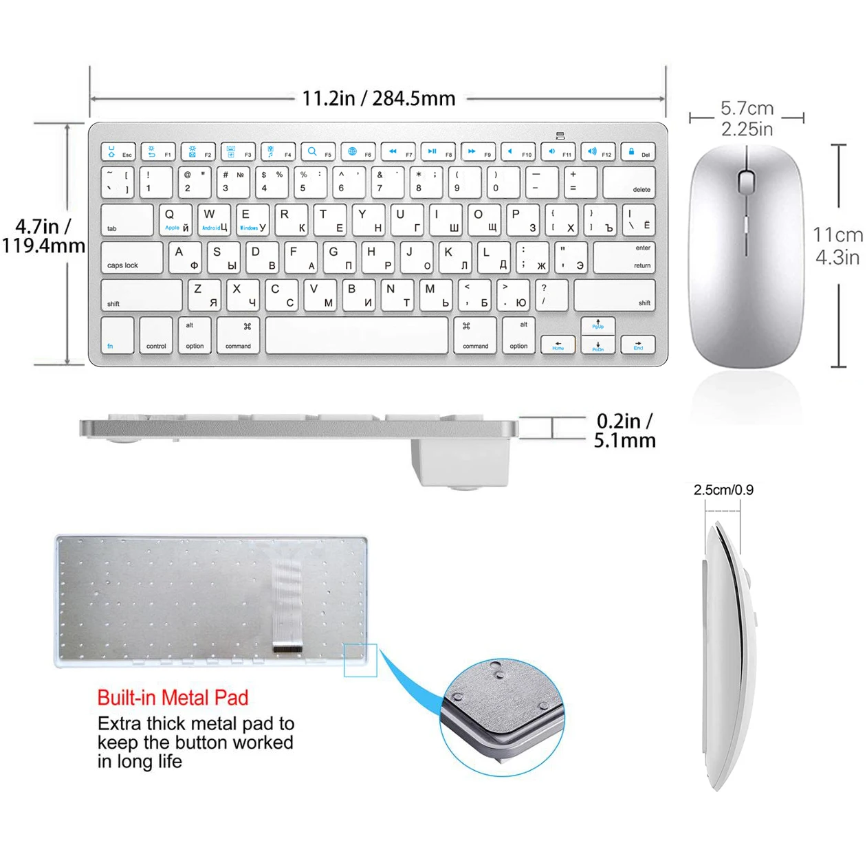 Russo Combo de Teclado Bluetooth e Mouse Ratos Ultra Fino sem Fio Mudo para Mac Ipad Iphone Ios Android Windows Smart tv - Imagem 5