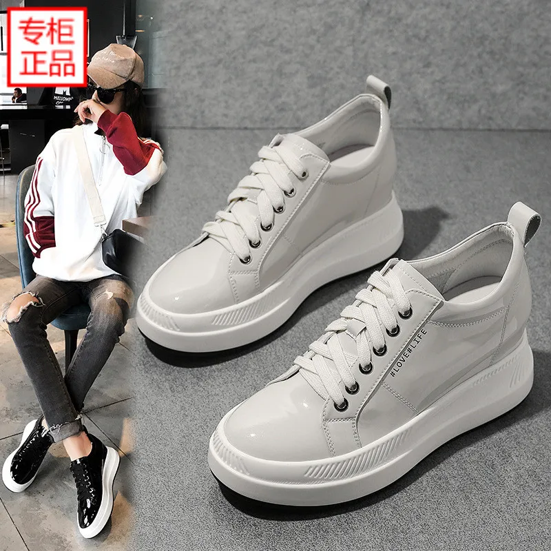 

2019 Spring And Autumn Shoes Genuine Leather Cowhide Thick Bottomed Platform Shoes Waterproof Platform Slanted Heel Elevator Lac