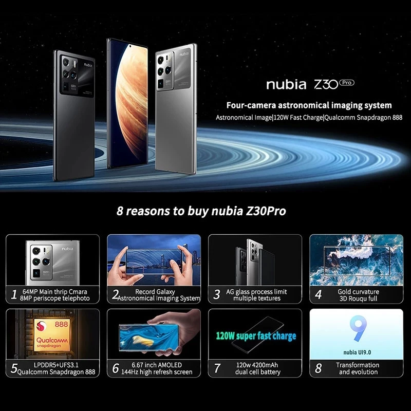 2021 New ZTE Nubia Z30 Pro 5G Smartphone 6.67'' AMOLED 144Hz Flexible Curved Screen Snapdragon 888 Octa Core 120W SuperCharge