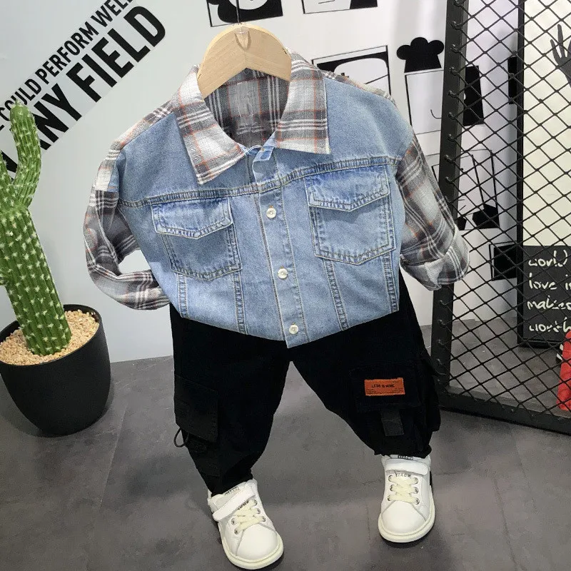 2 3 4 5 6 Years Boys Clothing Sets Casual Plaid Long Sleeve Stitching Denim Shirt Pants Kids Tracksuit Stylish Clothes For Boys