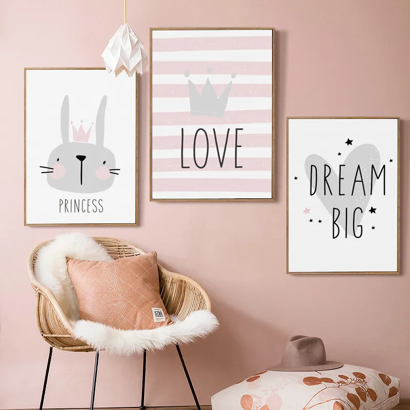 

RuoGuan Nordic style Cartoon rabbit canvas painting LOVE Dream Quotes poster Modular pictures for baby kids Room home decor
