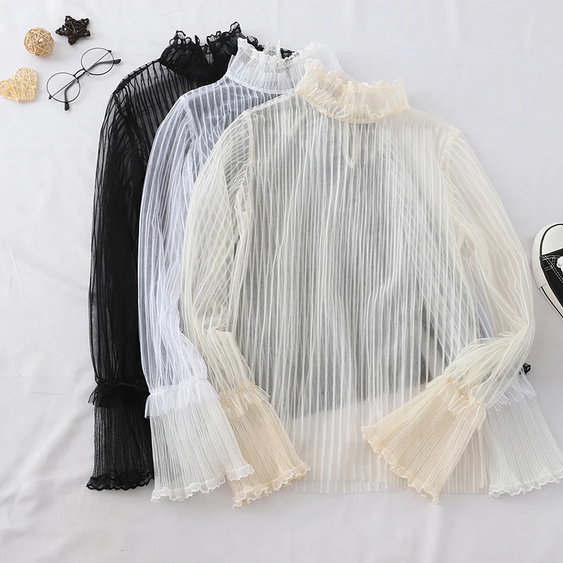 

Elegant Women Flare Sleeve Stand Collar Ruffles Basic Shirt Vintage Elastic Slim Pullover Striped Mesh Gauze Tulle Blouse Tops
