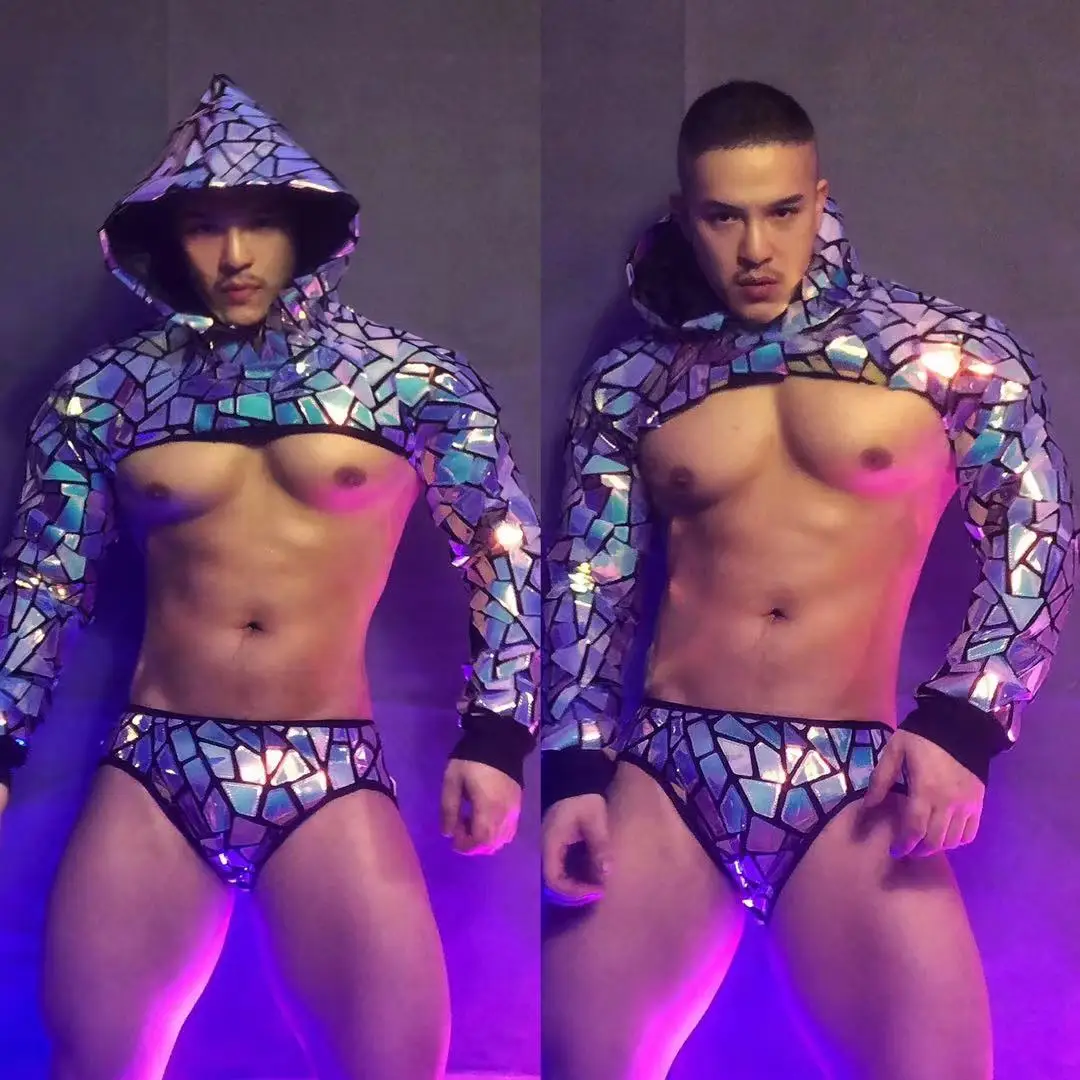 Nightclub Bar Party Show Laser Dance Costume Male Women Dancer Team DJ Gogo Stage Wear Glitter Sequins Mirror Hooded Tops Shorts