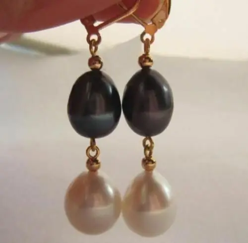 

AAA 9-10mm black white pearl dangle earring gold south sea pearl earrings