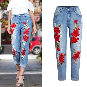 

Women's Elastic Loose Jeans Flowers 3D Three-dimensional Embroidery Ripped Jeans Stretch Cotton Denim Pant Trousers Femme L0594