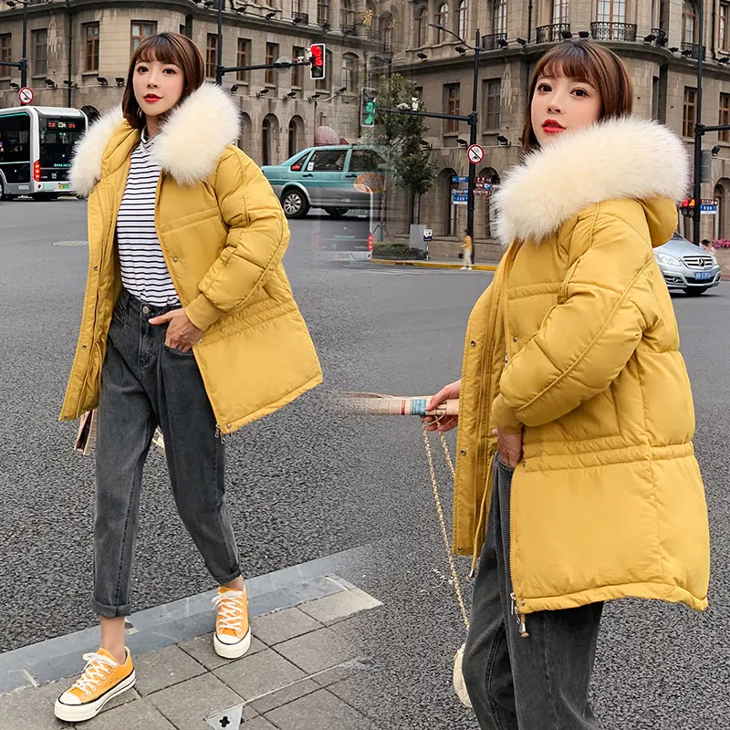 YELLOW Длинное меховое пальто с капюшоном для женщин, большой размер, зимнее пуховое пальто, Толстая теплая куртка с хлопковой подкладкой, ватные парки с большим карманом, ветровка с рукавами - Цвет: YELLOW