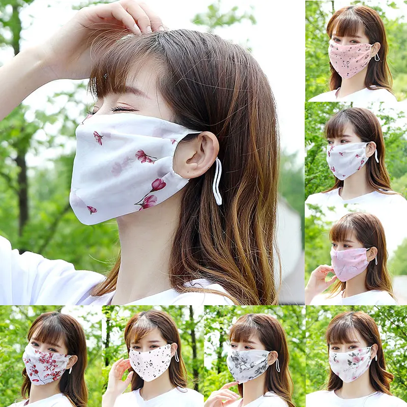 Adjustable Chiffon Masks Thin Section Summer Ear Buckle Breathable Sunshade Floral Mouth Masks Women Elegant Mouth-muffle Covers