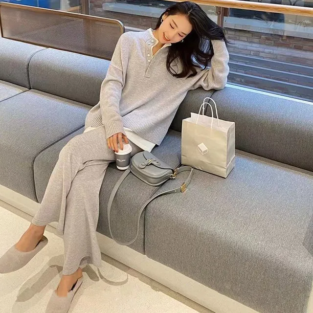 Vintage Chic Hot Style Knitted Sportswear Two-Piece Suit 2022 Autumn And  Winter New Fashion Loose Sweater Wide-Leg Pants Sets