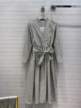 

High Quality Women Cotton MIDI Dress 2020 Autumn Luxury Casual Elegant Style Thin V-neck Long Sleeves Dot Print Long Dresses New