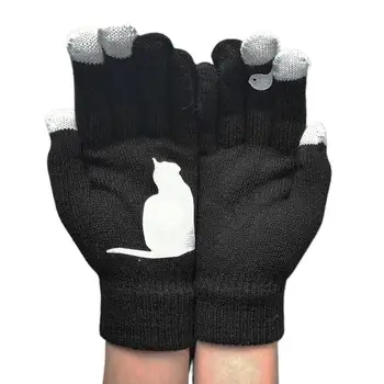 

Women Winter Knitted Touchscreen Gloves Cartoon Cat Bird Irregular Warm Mittens