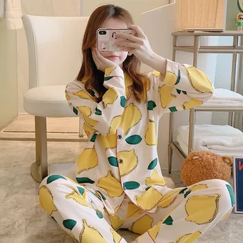 

New 2020 Pajama Sets Women lemon Print 3 Pieces Set Long Sleeve Top + Pants Elastic Waist + Blinder Loose Homewear