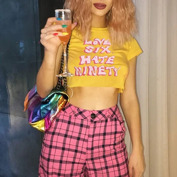 

InsGoth Casual Basic High Street Yellow Bodycon Crop Tops Summer Women Letter Print O-neck Retro T-shirts Gothic Punk Tshirts