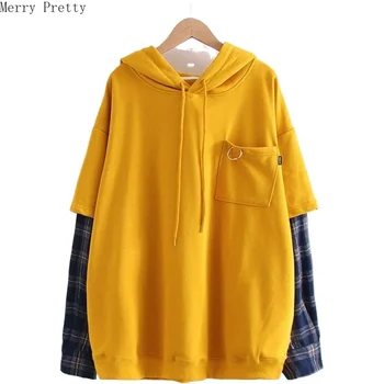 

Women's Plaid Patchwork Solid Hooed Sweatshirt Casual Loose Cotton Tracksuit 2020 Spring Femme Long Sleeve Pullovers With Pocket