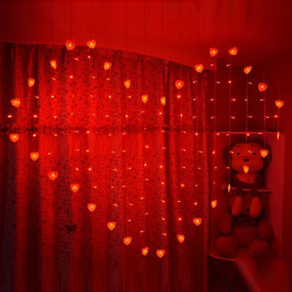 Heart Style LED Window Curtain String Lights LED Heart Lights for Wedding Valentine Day Party Bedroom Indoor Decoration 6 Colors