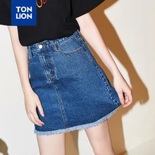 TONLION 2020 Spring Summer Short Denim Skirts Womens Elegant Fashion Blue A-Line Jean Skirt Above the Knee Tassel Short Skirt