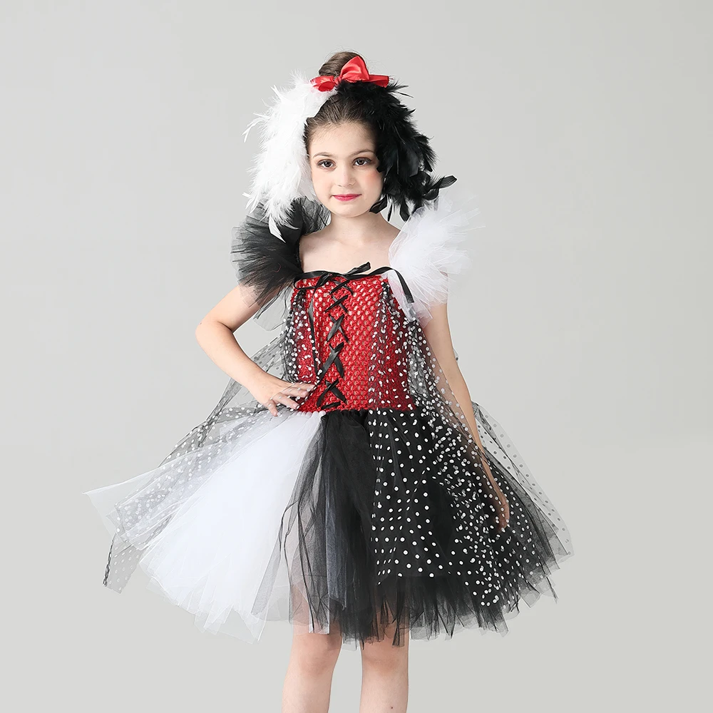 Evil Madame Cruella De Ville Kids Tutu Costume Dalmatians Girls Halloween Fancy Tutu Dress with Headband Polka Dot Girl Outfit (3)