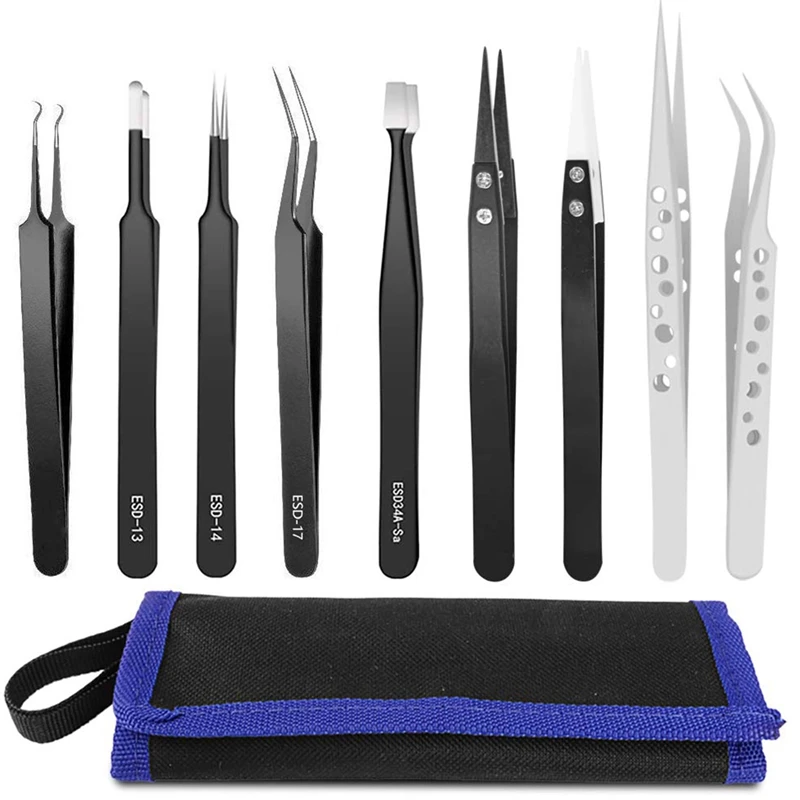 Tweezer Set ESD Anti-Static Flat Head Tweezers Kit Curved Pointy for Craft Jewelry(9 Pieces Set) | Инструменты