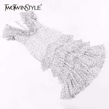 

TWOTWINSTYLE Vintage Dot Women Dresses V Neck Sleeveless Spaghetti Strap High Waist Patchwork Ruffles Dress Female Fashion Tide