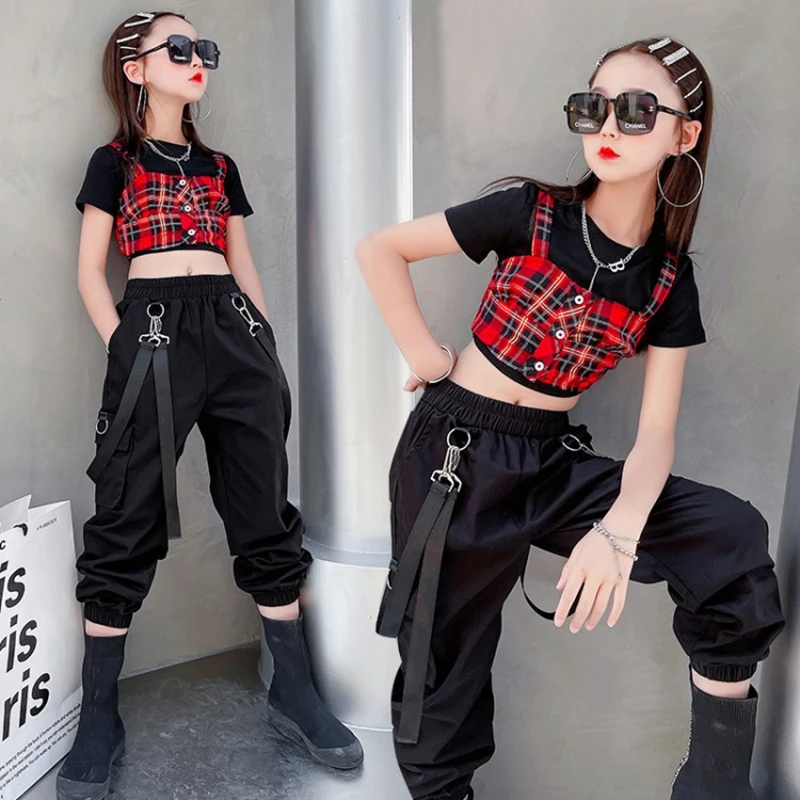 

Korean Fashion Children's Summer Short-sleeve Sportswear Suit Girls Hip-hop Dance Tracksuit Performing Jazz Dance Clothes Suit