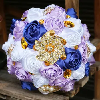 

WifeLai-A 20cm Gold Brooch Bouquet Coral Crystal Satin Artificial Flowers Ribbon Wedding Bridal Bridesmaid Rose Bouquets Q082