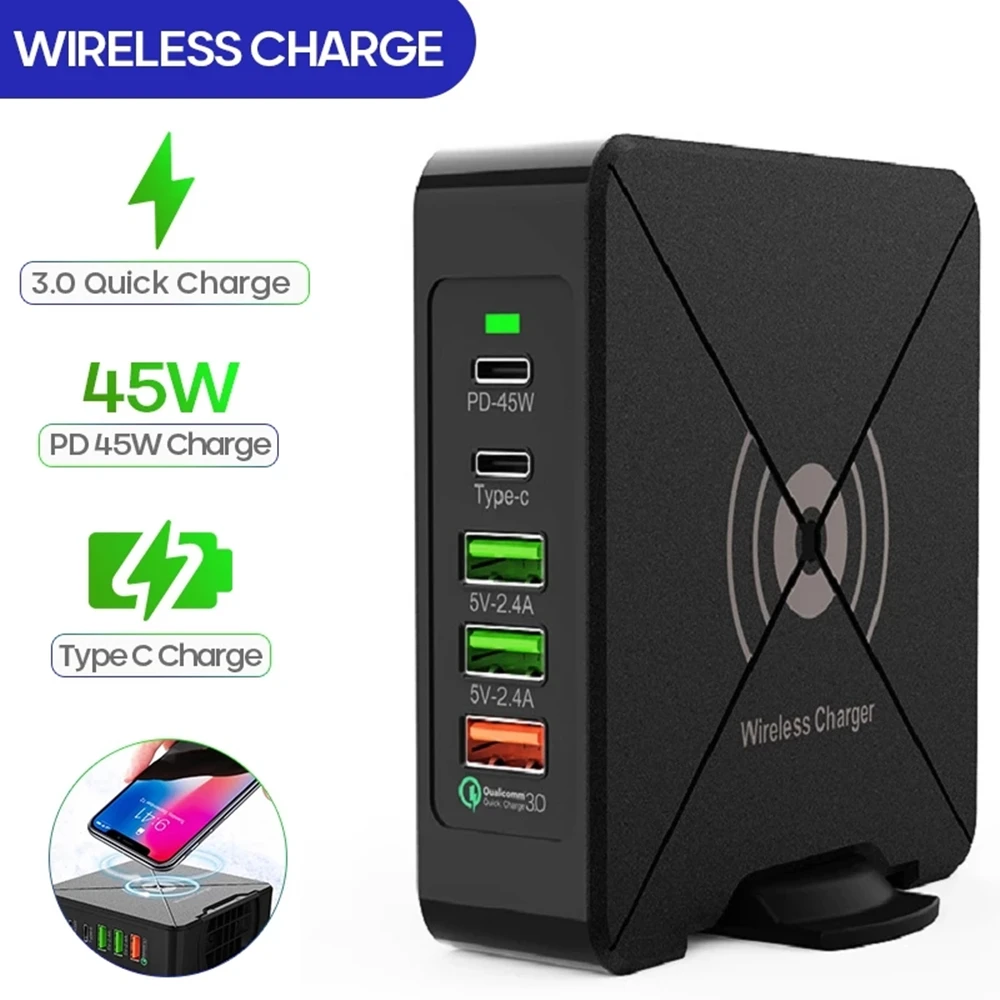 5 Ports USB Mobile Phone Charger 75W QC 3.0 Laptop Fast Charger Power Adapter Dock Quick Charge Wirless Charging Type C PD 45W