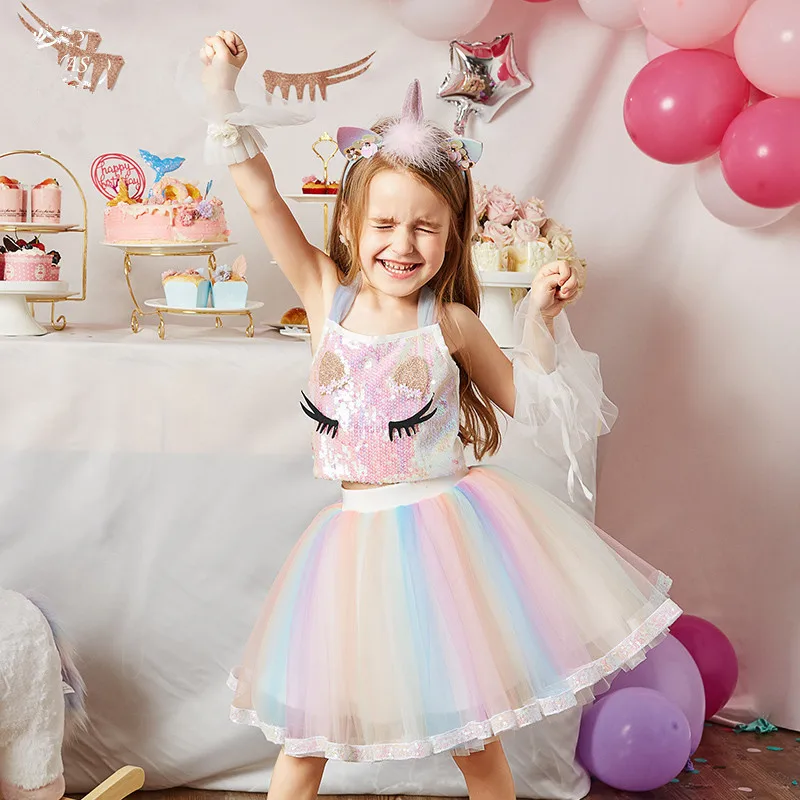 2021 Summer Fashion Unicorn Sequined Top+Rainbow Mesh Skirt 2Pcs Suit Sleeveless Sweet Baby Girls Suits New Children Clothes | Детская