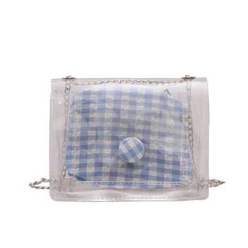 

Plaid Mini Jelly Bag Transparent Flip Bag Summer Beach Handbag Chain Shoulder Bag Ladies Messenger Bag Blue