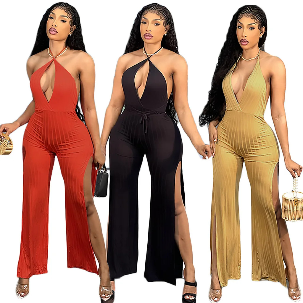 Sexy Backless Lace-up Women Jumpsuit Split Fashion Club Romper Overalls Bodycon Sleeveless Design V Neck Jumpsuits Summer 2021