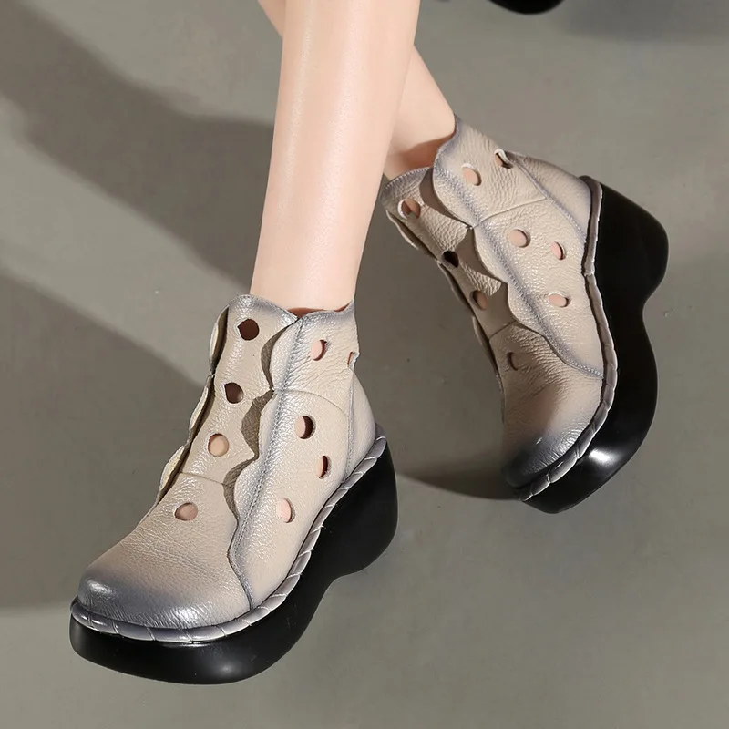 

Pinfeiliren Retro National Wind Genuine Leather Slanted Heel Porous with Holes Sandal Boots Cowhide Rub Color Sandals Gladiator