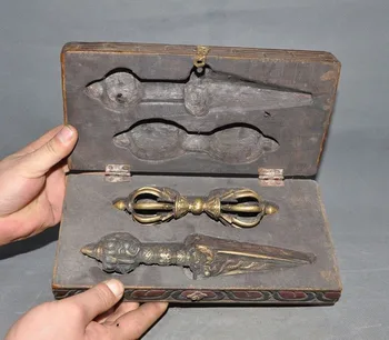 

wedding decoration 11"Old Tibetan Buddhism Bronze Dorje Puba Vajra Phurpa Dagger FaQi Wood Box Set