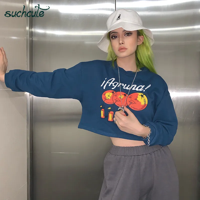 Синий SUCHCUTE, женские толстовки с принтом, милые, осень, длинные, корейский стиль, уличная одежда, свободные, с капюшоном, женские топы, Панк Bluzy Damskie - Цвет: Синий