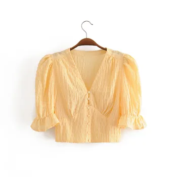 

Summer Women Blouse Lady Casual Holiday Style Solid V-neck Button Flare Waist down Lace up Elastic waist Streetwear Fashion Tops