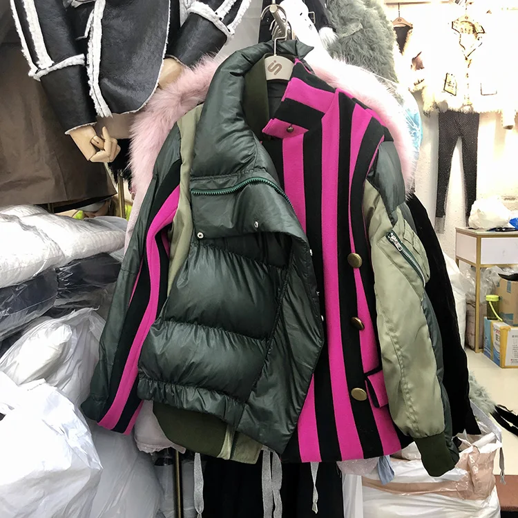 Новая уличная мода осень и зима полосатая прошитая короткая парка пальто Женская куртка на молнии с хлопковой подкладкой теплая верхняя одежда