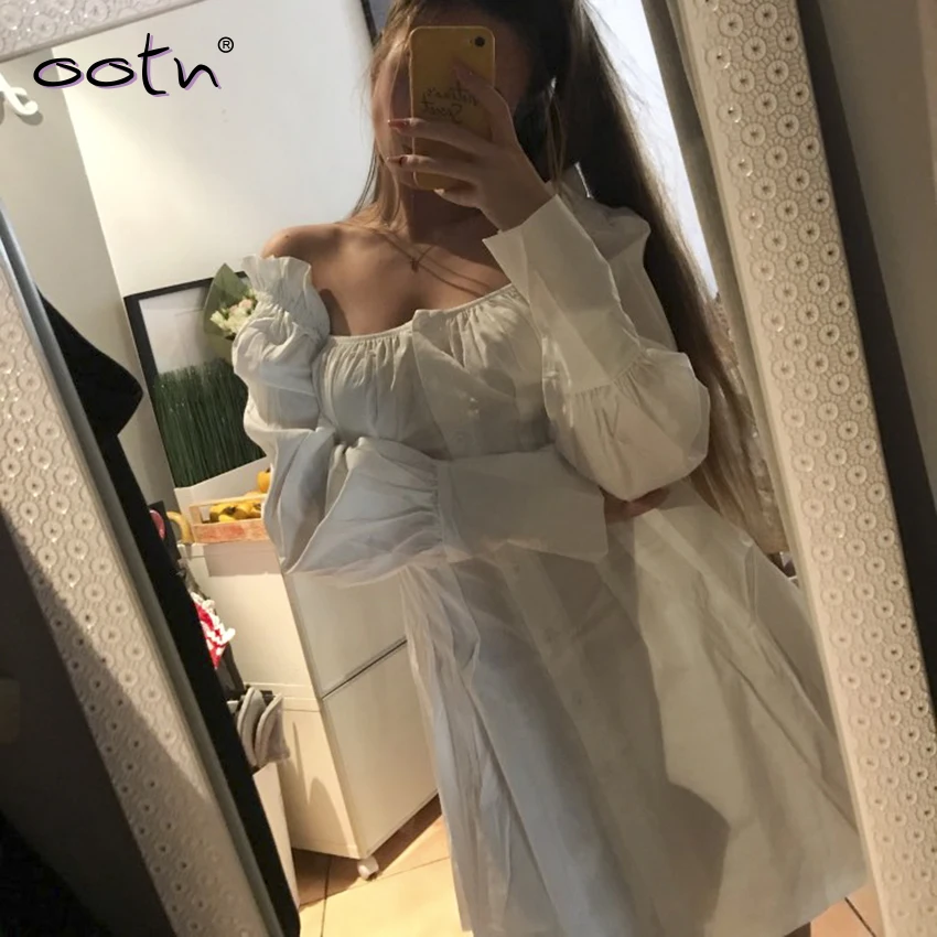 Повседневное платье с длинным рукавом, женское белое мини-платье с квадратным вырезом, женское сексуальное короткое платье-туника, платье-рубашка с оборками, осеннее платье размера плюс