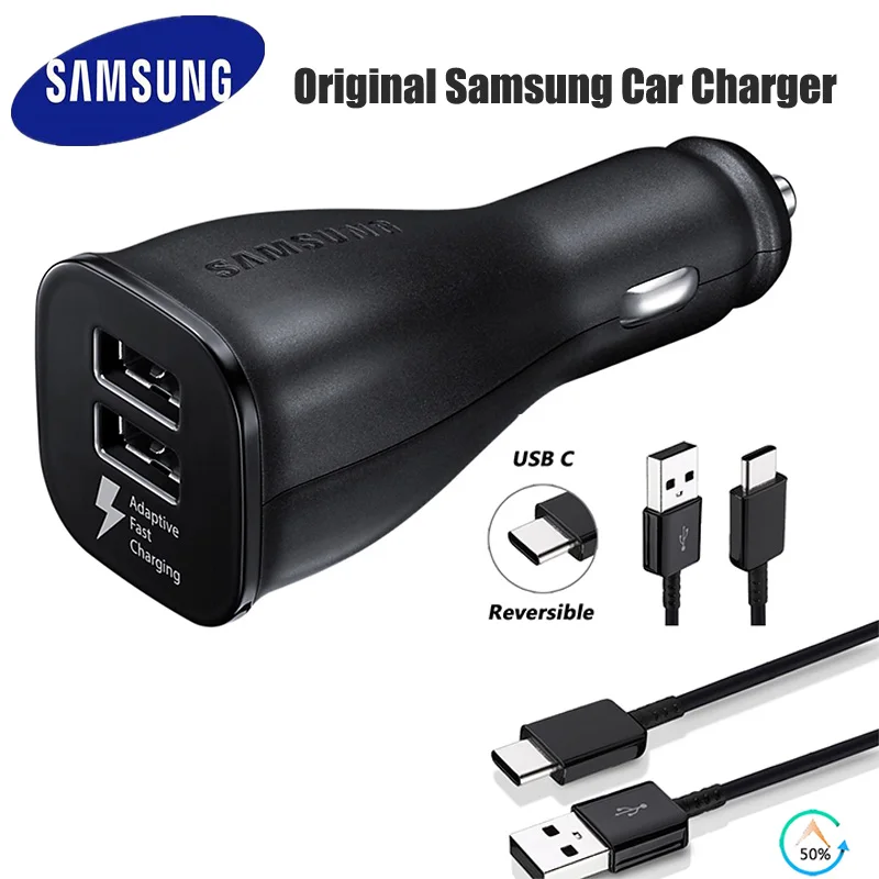 Автомобильное зарядное устройство Samsung с двумя USB-портами и кабелем USB Type-C для Galaxy