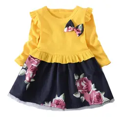 Детские платья с длинными рукавами для маленьких девочек на осень и весну, повседневный милый праздничный сарафан с цветочным рисунком в