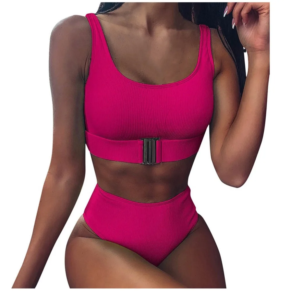 Sexy woman bikini solid button bikini high waist swimsuit suit exotic two-piece separates wire free polyester free shipping 30D9 (4)