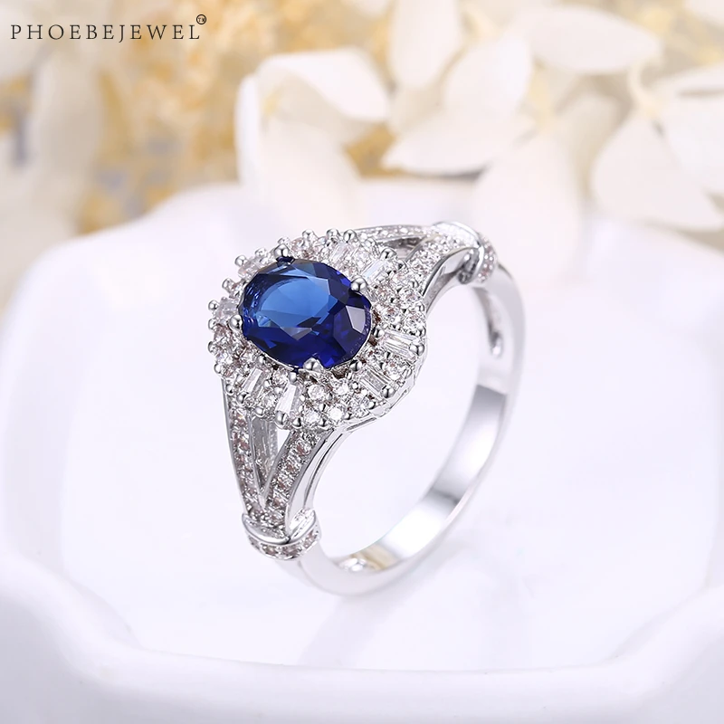 PHOEBEJEWEL высокое качество серебряный цвет 2 полосы женские кольца с синим фианитом