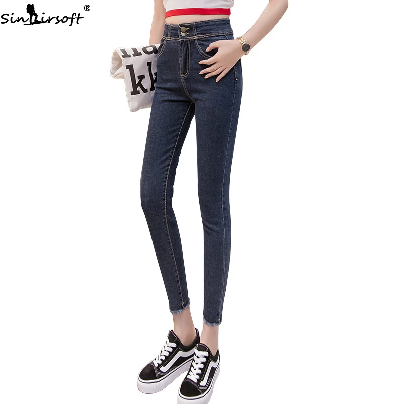 

2019 Autumn New Korean Students High Waist Slim Slimming Feet Pencil Pants Female Soft Stretch Casual Wild Jeans Women 25-32