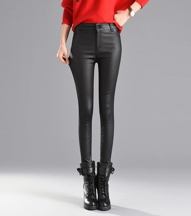 Women Thin Velvet PU Leather Pants 2019 Autumn Winter Female Sexy Pantalon Leggings Elastic Stretch Skinny Tight Faux Leather Pencil Pants Trouser Lady Trousers Black Color S XXXL High Quality Warm Ladies Streetwear (9)