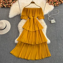  Summer Sexy Slash Neck Cascading Ruffle Dress Women Elegant Off Shoulder Short Sleeve Vacation Beach Draped Vestidos 2022 New 