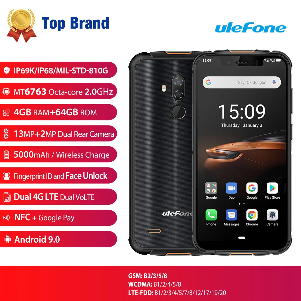 Ulefone Armor 5S 5,85 ''водонепроницаемый IP68 NFC прочный MT6763 Otca-core Android 9,0 4 Гб+ 64 Гб Беспроводная зарядка 5000 мАч 4G мобильный телефон
