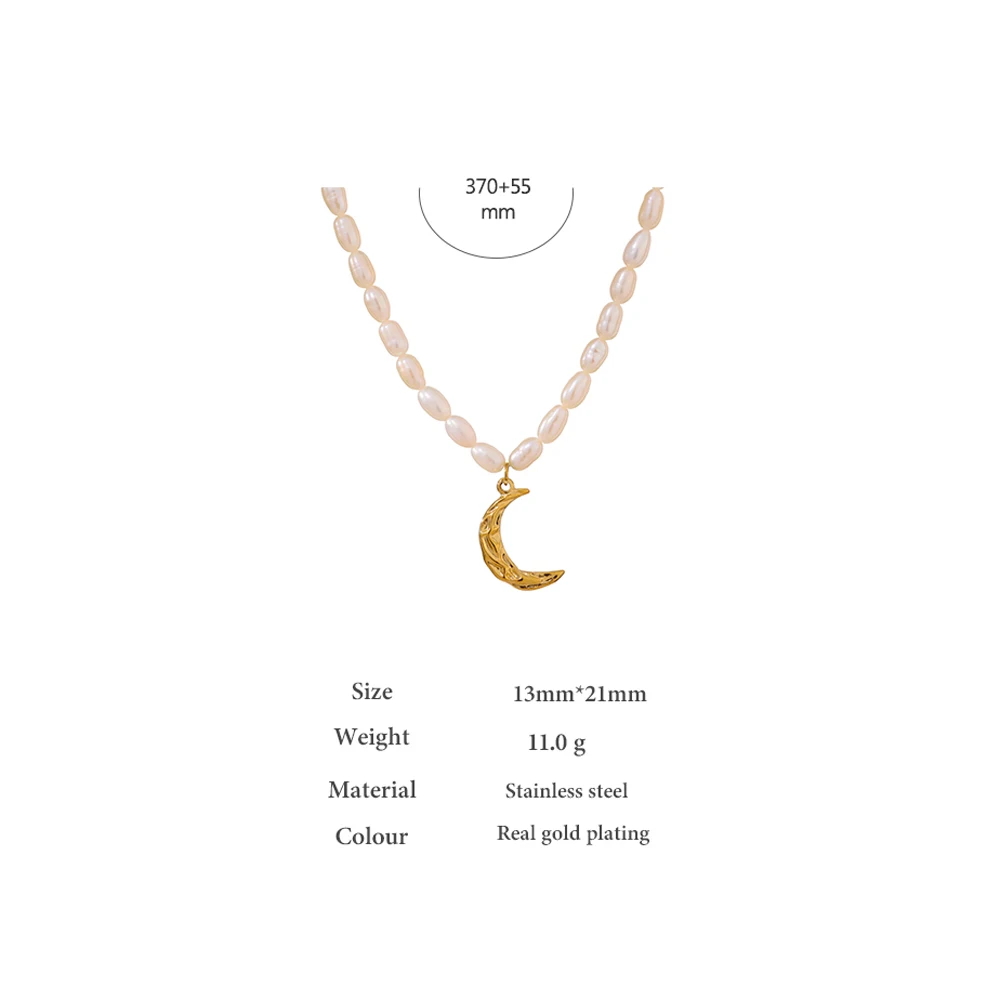 Elegant Natural Pearl Jewelry Necklace Moon Pendant Stainless Steel - Image 6