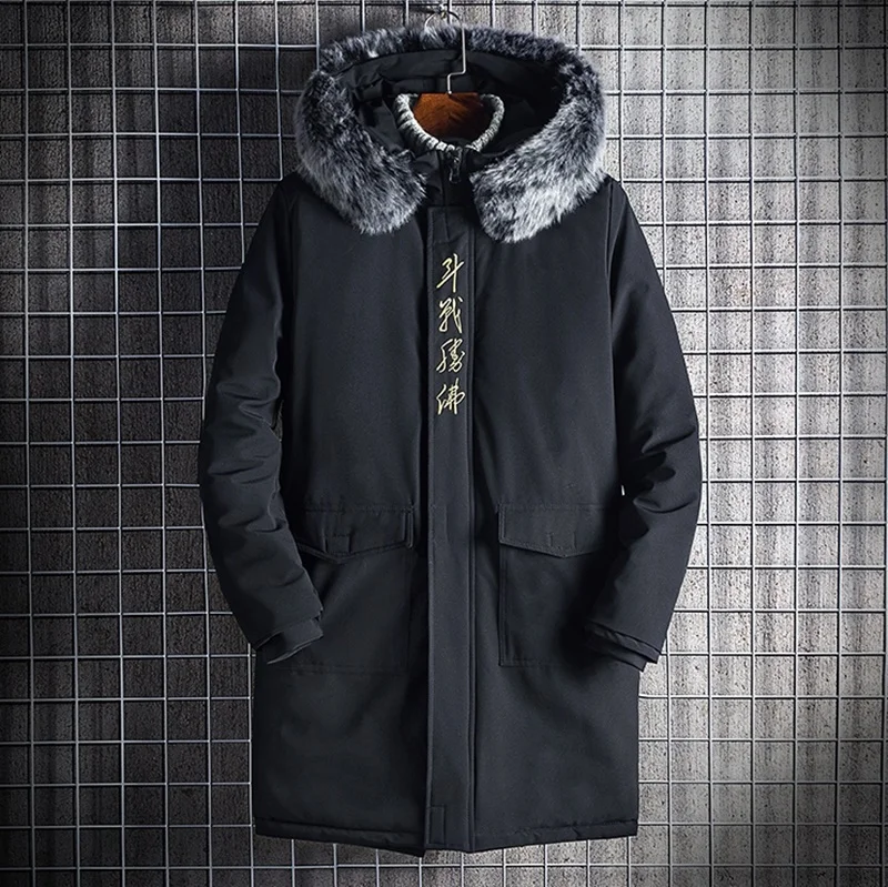 Retro Long Sleeve Parkas Men Winter Jacket Warm Oversized Coat Hip-Pop Embroidery Hooded Long Jackets For Men KK3039