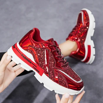 

2020 Fashion Luxury Glitter Sneakers Women Mirrors Shoes Streetwear Red Bar Club Bling Chunky Sneakers Women zapatillas de mujer