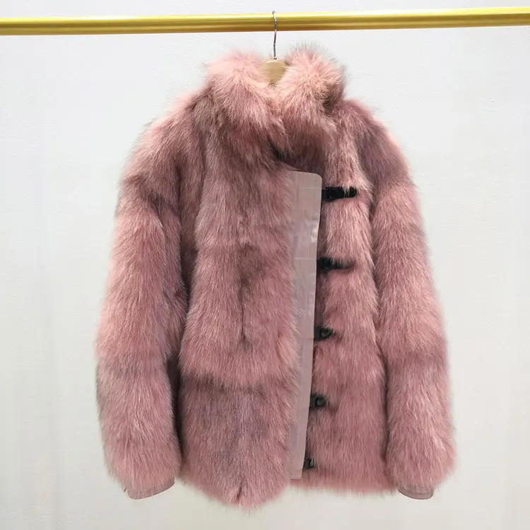 pink Зимняя куртка из натурального Лисьего меха, пальто для женщин, уличная одежда, пуговицы, длинный рукав, свободный женский толстый помпон из натурального меха, пальто, верхняя одежда - Цвет: pink