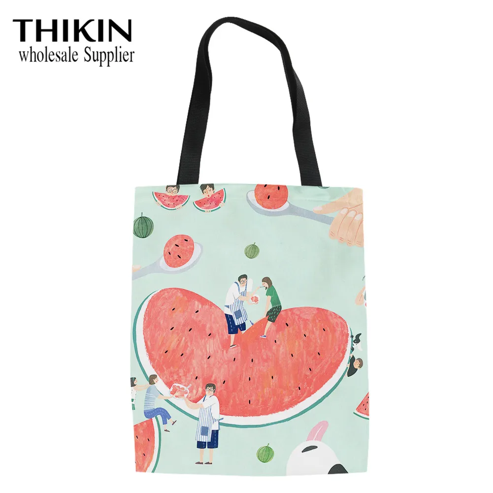 

THIKIN Fun Cartoon Watermelon Pattern Girls Linen Tote Bag Ladies Foldable Shopper Bag Heavy Duty Shopping Bags for Women Bolsa