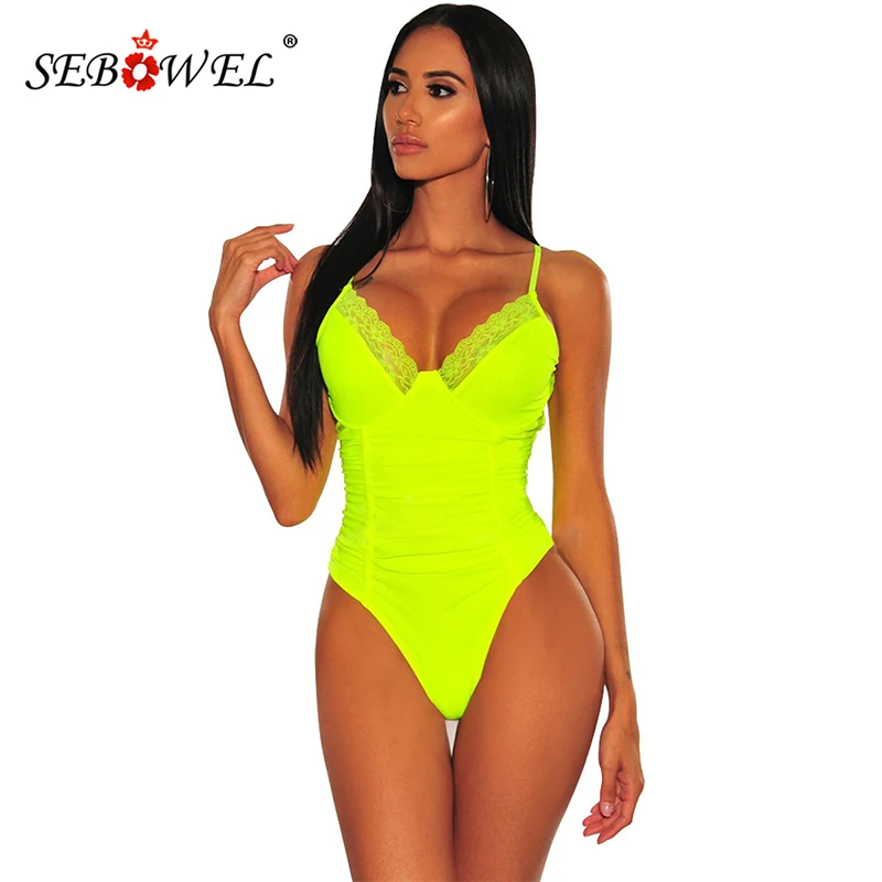 SEBOWEL Black/Yellow Bustier Ruched Lace Bodysuit Women Sexy V-Neck Bodysuits Female 2019 Sleeveless Clubwear Bodycon Body Tops SEBOWEL Black/Yellow Bustier Ruched Lace Bodysuit Women Sexy V-Neck Bodysuits Female 2019 Sleeveless Clubwear Bodycon Body Tops