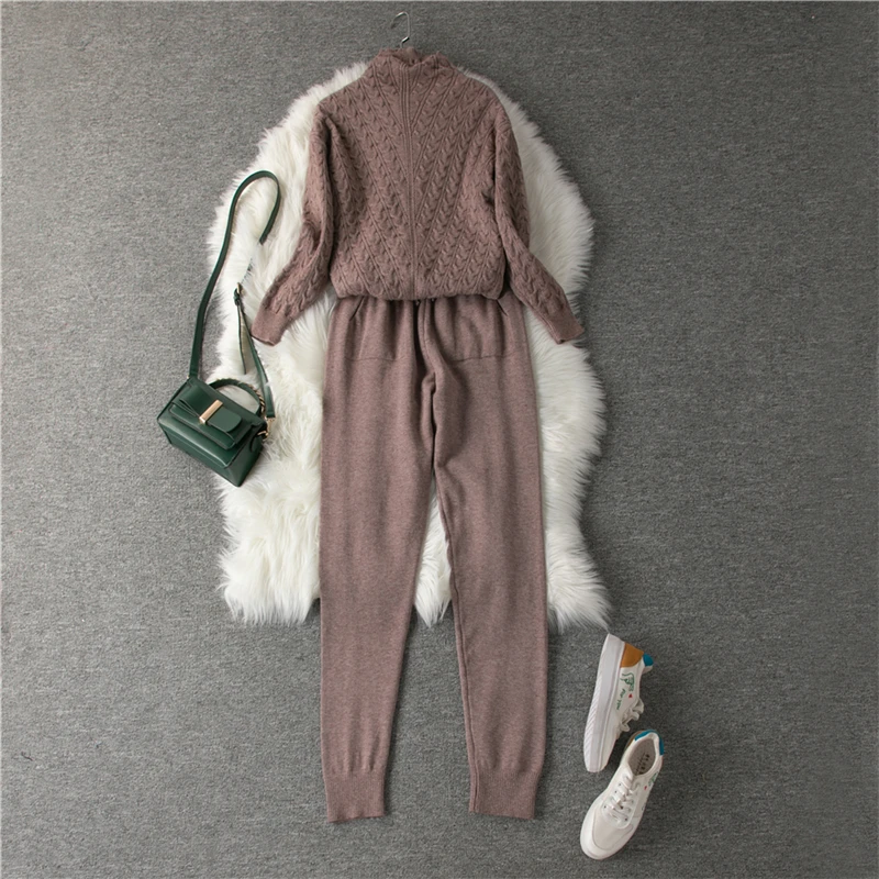 Dark Khaki Вязаный комплект из 2 предметов, пуловер с воротником под горло, толстовки, женский спортивный костюм, штаны с завязками, теплые зимние повседневные комплекты из двух предметов - Цвет: Dark Khaki